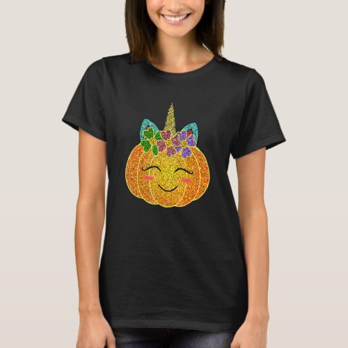 Funny Halloween Thanksgiving Pumpkin Unicorn Girls T_Shirt
