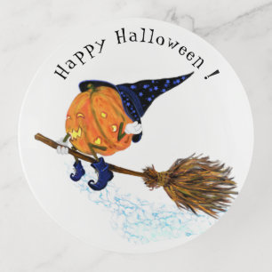 Funny Halloween Trinket Tray Witch Pumpkin Flying