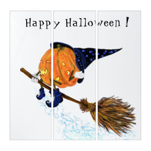 Funny Halloween Triptych Witch Pumpkin Flying