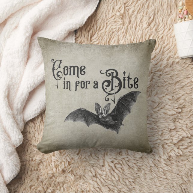 Funny Halloween Vampire Bat Come in for a Bite Throw Pillow (Blanket)