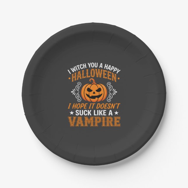 Funny Halloween Vampire Pumpkin Paper Plates (Front)