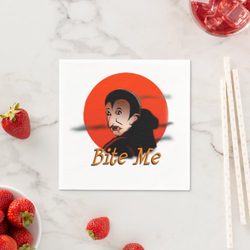 Funny Halloween Vampire with Fangs Says Bite Me Paper Napkins