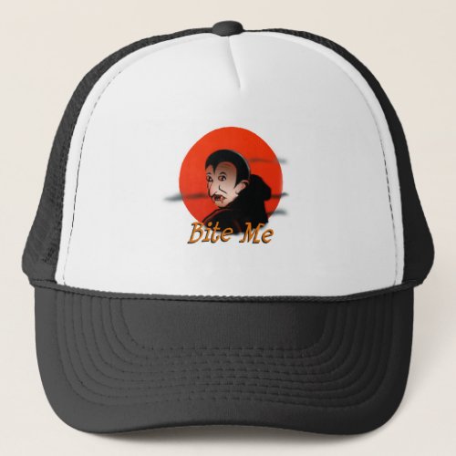 Funny Halloween Vampire with Fangs Says Bite Me Trucker Hat