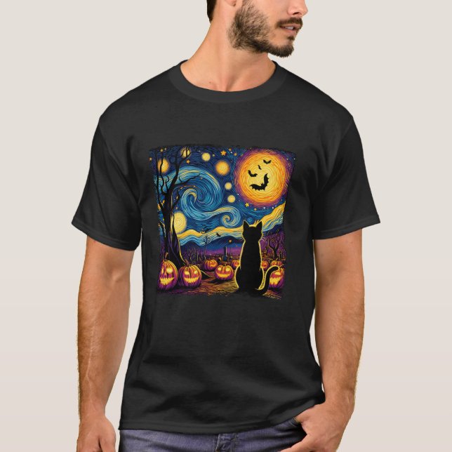 Funny Halloween Van Gogh Starry Night Black Cat Mo T-Shirt (Front)