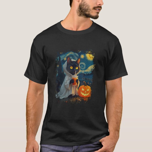 Funny Halloween Van Gogh Starry Night Ghost Cat Pu T-Shirt (Front)