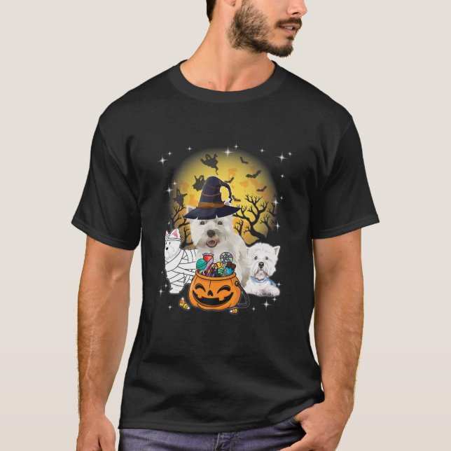 Funny Halloween Westie Witch Pumpkin Mummy Dog Lov T-Shirt (Front)