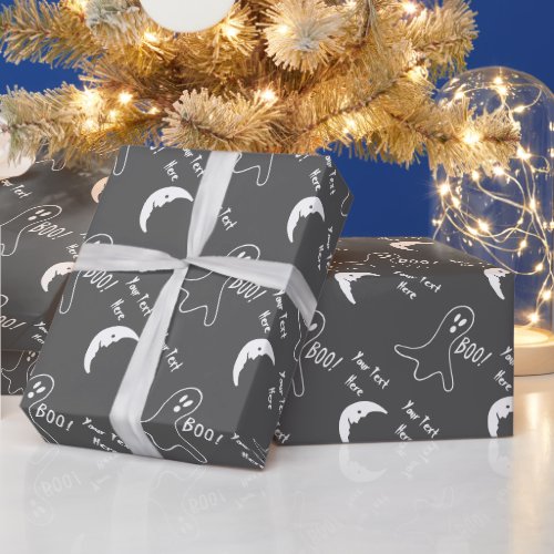 funny halloween white ghost and half moon black wrapping paper