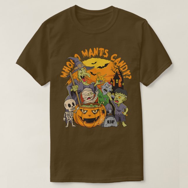Funny Halloween Whooo Wants Candy Witch Ghost Zomb T-Shirt (Design Front)