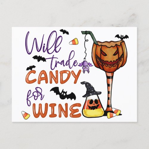 Funny Halloween Will Trade Candy for Wine Drink Postcard