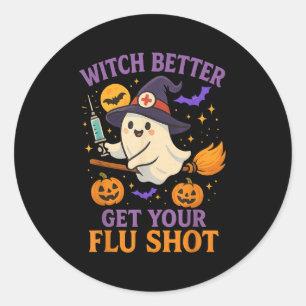 Funny Halloween Witch Ghost Flu Shot Nurse Classic Round Sticker