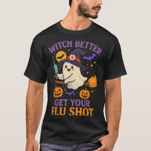 Funny Halloween Witch Ghost Flu Shot Nurse T-Shirt