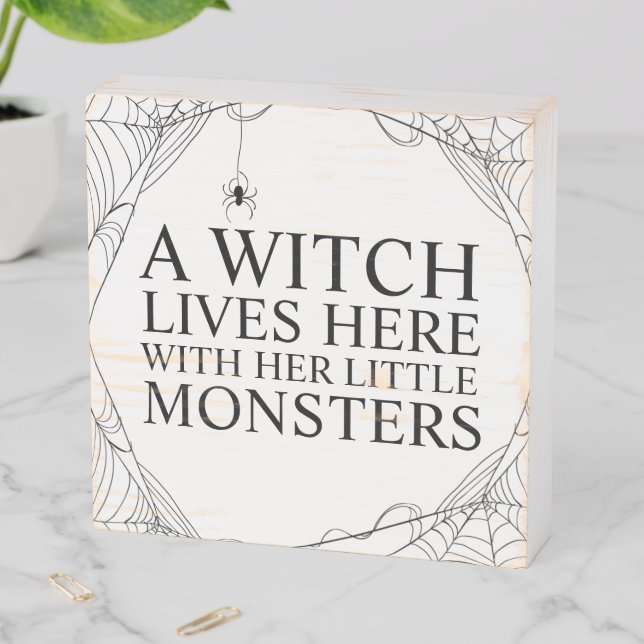 Funny Halloween Witch Lives Here Spiderweb Wooden Box Sign (In Situ Horizontal)
