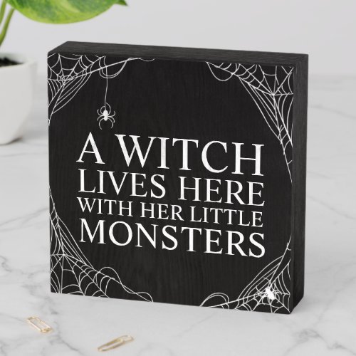 Funny Halloween Witch Lives Here Spiderweb Wooden Box Sign