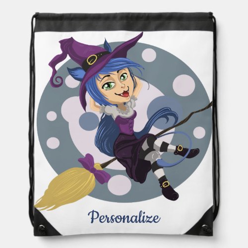 Funny Halloween Witch on Broom Drawstring Bag