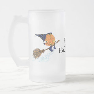 Funny Halloween Witch Pumpkin Flying with Broom Frosted Glass Beer Mug