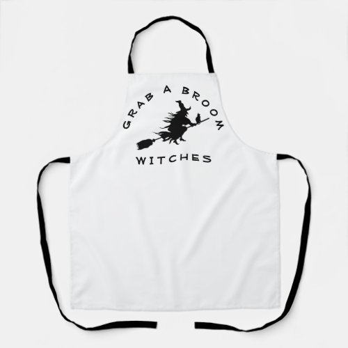 Funny Halloween Witch Riding Broom Black White Apron