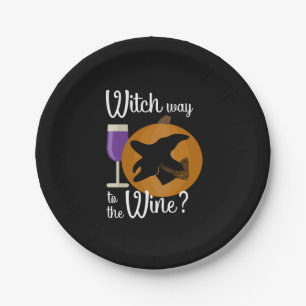 Funny Halloween Witch Way to the Wine Pumpkin Paper Plates
