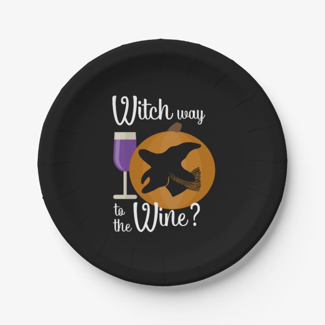 Funny Halloween Witch Way to the Wine Pumpkin Paper Plates (Front)