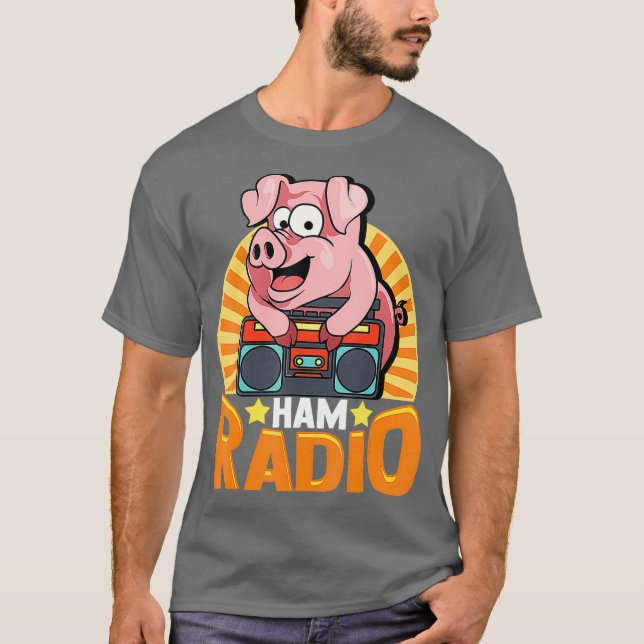 Funny Ham Radio Pig On Boombox Radio Operator T-Shirt (Front)