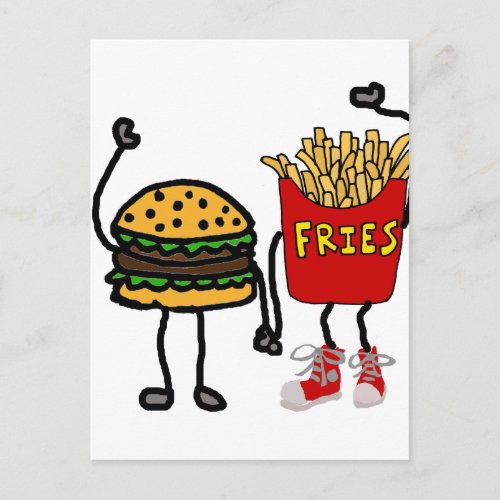 Funny Hamburger and French Fries Cartoon Art Postcard