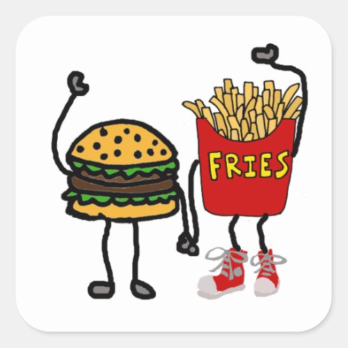 Funny Hamburger and French Fries Cartoon Art Square Sticker