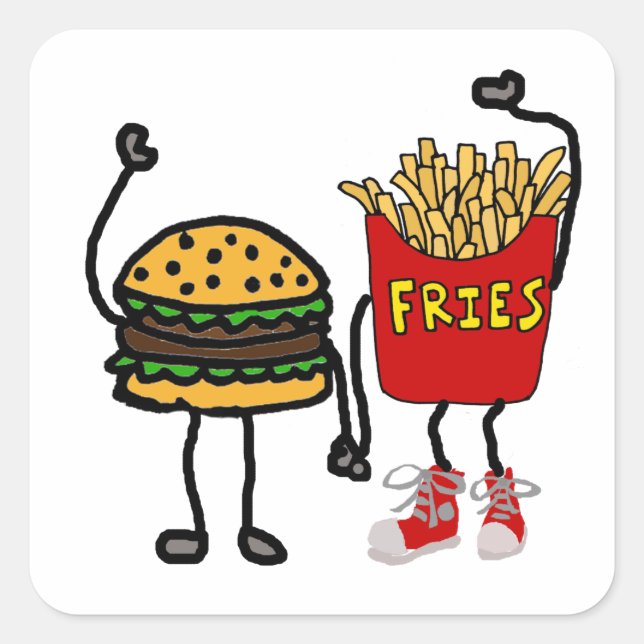 Funny Hamburger and French Fries Cartoon Art Square Sticker (Front)