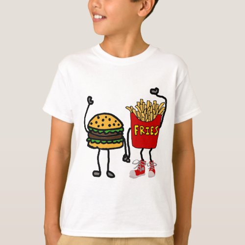 Funny Hamburger and French Fries Cartoon Art T_Shirt