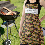 Funny Hamburger BBQ Pattern Custom Chef Name Text Apron<br><div class="desc">Fun apron featuring a pattern of hamburgers and two lines of custom text, Add anyone's name, a business name or delete the text and rectangle and just have the pattern. Perfect for birthday gifts, father's Day gifts, apron for small business restaurant and cafe owners, budding chefs, hostess and engagement shower...</div>