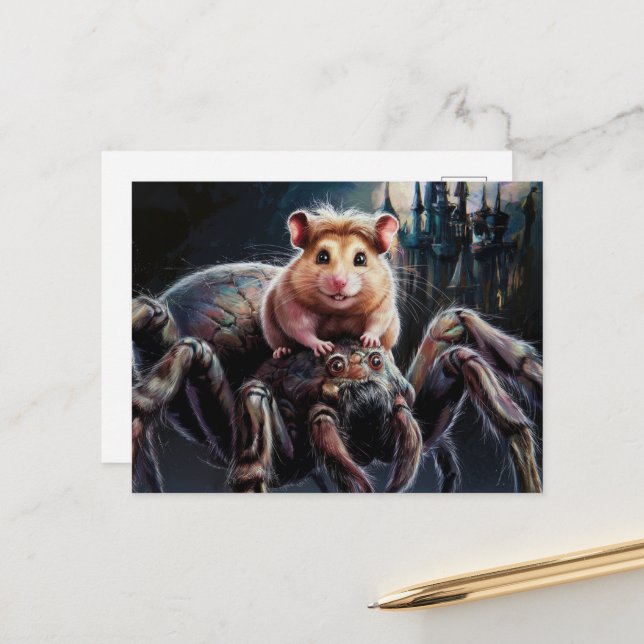 Funny hamster riding a giant spider fantasy castle postcard (Front/Back In Situ)
