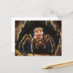 Funny hamster riding a giant spider through cave postcard
