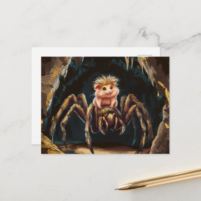 Funny hamster riding a giant spider through cave postcard (Front/Back In Situ)