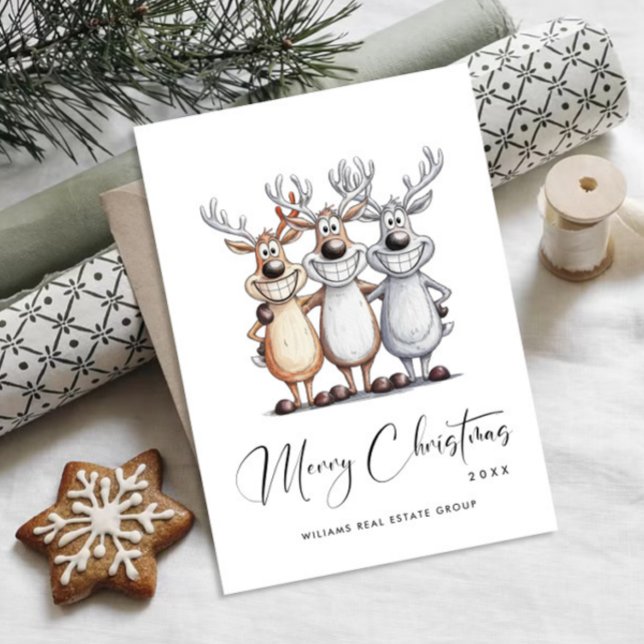 Funny Hand Drawn Christmas Reindeers Corporate Holiday Card (Creator Uploaded)