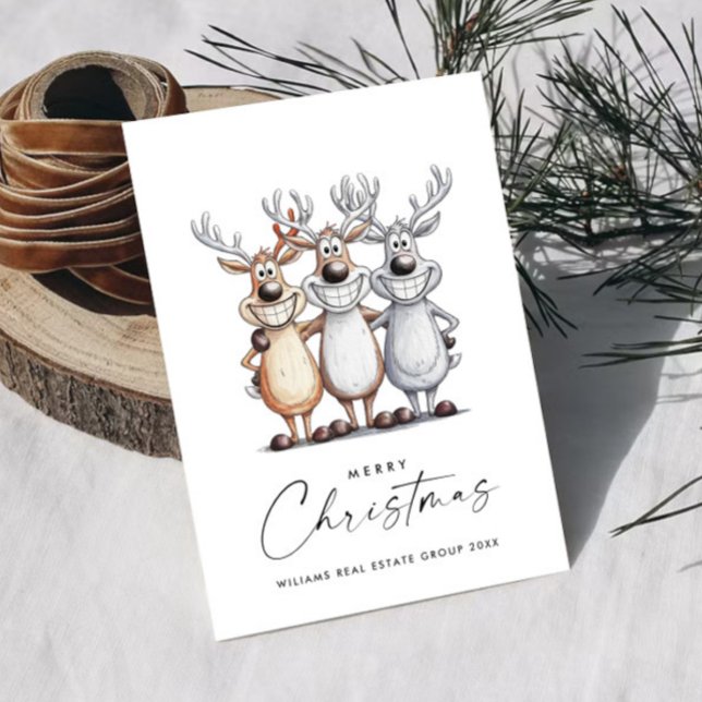 Funny Hand Drawn Christmas Reindeers Corporate Holiday Card (Creator Uploaded)