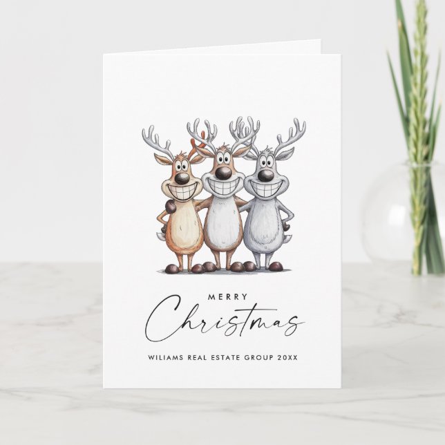Funny Hand Drawn Christmas Reindeers Corporate Holiday Card (Front)
