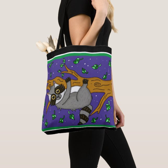 Funny Hand Drawn Whimsical Raccoon Tote Bag (Close Up)