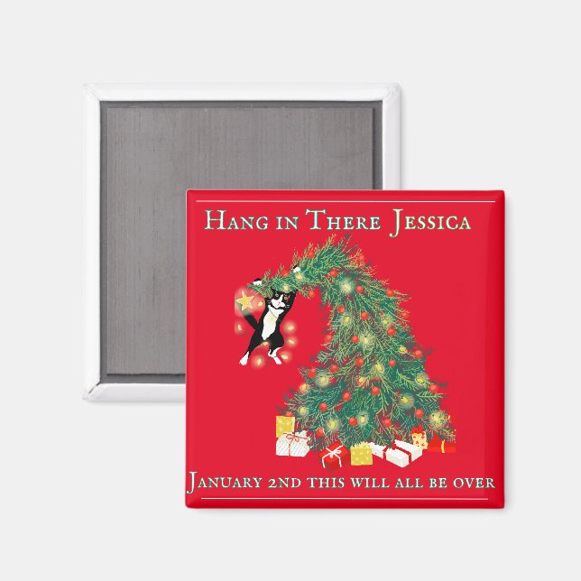 Funny Hang In There Cat in Christmas Tree  Magnet (Front/Back)