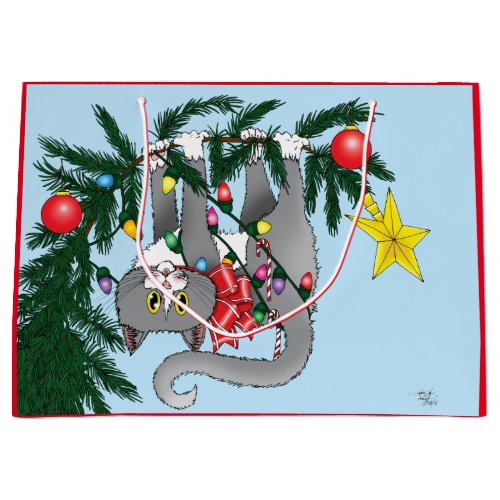 Funny Hanging Christmas Tree Cat Large Gift Bag