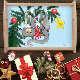 Funny Hanging Christmas Tree Cat Serving Tray
