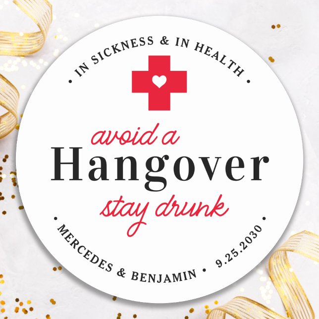 Funny Hangover Recovery Kit Custom Wedding Favor Classic Round Sticker (Creator Uploaded)