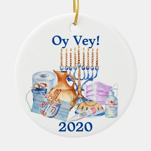 Funny Hanukkah Covid Watercolor Quarantine 2020 Ceramic Ornament