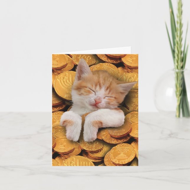 Funny Hanukkah Greeting Card - Cat in Gelt (Front)