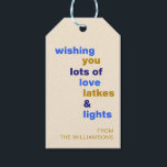 Funny Hanukkah Love Latkes Lights Blue Custom Gift Tags<br><div class="desc">Funny Hanukkah Love Latkes Lights Blue Custom Gift Tags</div>