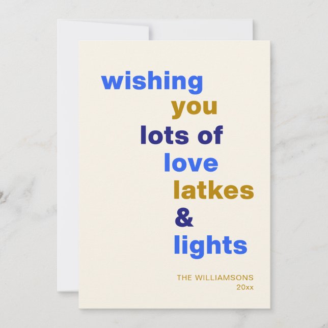 Funny Hanukkah Love Latkes Lights Blue Custom Holiday Card (Front)