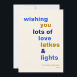 Funny Hanukkah Love Latkes Lights Blue Custom Holiday Card<br><div class="desc">Celebrate the Festival of Lights with a smile using this funny Hanukkah holiday card, featuring the playful phrase Love Latkes and Lights on a cheerful blue background. Customizable and full of festive spirit, this card is perfect for sharing holiday joy with a humorous twist. Whether you're sending warm wishes to...</div>