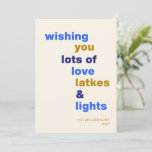 Funny Hanukkah Love Latkes Lights Blue Custom Holiday Card<br><div class="desc">Celebrate the Festival of Lights with a smile using this funny Hanukkah holiday card, featuring the playful phrase Love Latkes and Lights on a cheerful blue background. Customizable and full of festive spirit, this card is perfect for sharing holiday joy with a humorous twist. Whether you're sending warm wishes to...</div>