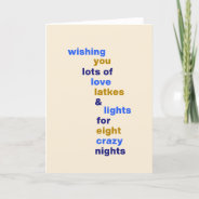 Funny Hanukkah Love Latkes Lights In Blue Holiday Card at Zazzle