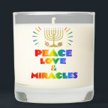 funny Hanukkah Peace Love & Miracles   Scented Candle<br><div class="desc">Get ready to celebrate Hanukkah in style with this one-of-a-kind T-shirt! With its simple yet charming design, this candle exudes Peace, Love, and Miracles - the true spirit of the holiday. Whether you're lighting candles, exchanging gifts, or spending time with family, this candle is the perfect way to show off...</div>