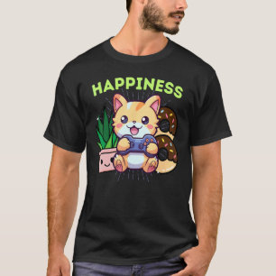 Funny Happiness Gamer Cat Plants Gaming & Donuts T-Shirt