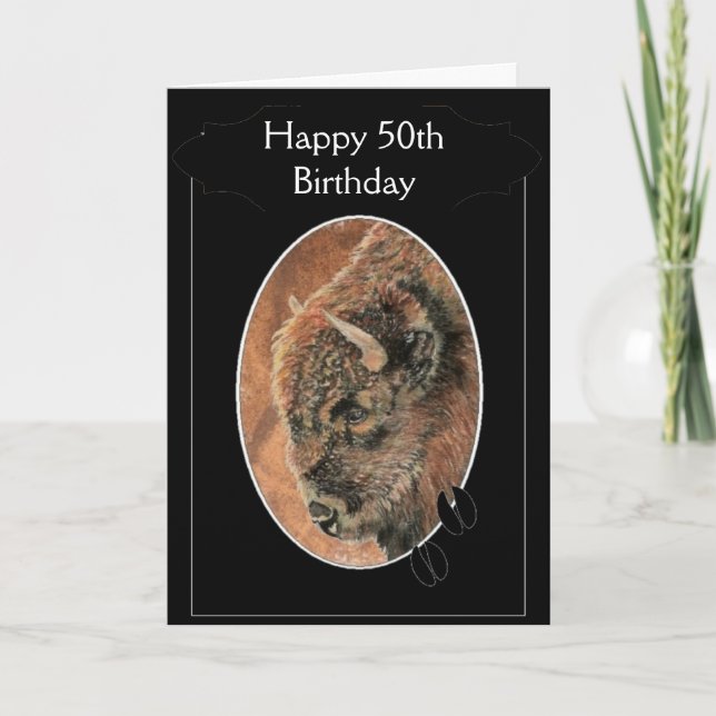 Funny Happy 50th Birthday  Bison, Buffalo Animals Card (Front)