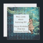 Funny Happy 65th Birthday Medicare Fairy Card<br><div class="desc">Celebrate the big 6-5 with a laugh! This whimsical altered-art birthday card features a vintage-style girl cutout wearing a paper crown and holding a scepter, set against a distressed harlequin background. The front reads: “Well look who’s turning 65! Happy Birthday from the Medicare Fairy.” Perfect for anyone officially entering “Medicare...</div>